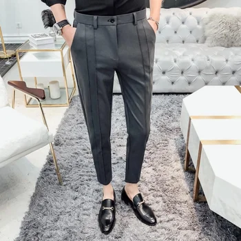 Oamenii 2019 moda costum slim fit pantaloni stil britanic glezna-lungime pantaloni rochie omul negru gri office business casual pantaloni