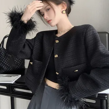 2023 Elegant Sacou De Tweed De Moda Pentru Femei Vrac Alb-Negru Rotund Gat Mansete Cu Pene De Design Strat Chic Lady Birou De Primăvară Topuri
