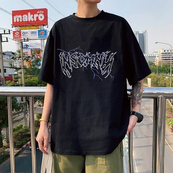 90 de Romi Scrisoare Grafic T-shirt Femei Bărbați Vintage Trendy Supradimensionat tricou Versiunea coreeană Maneca Scurta din Bumbac Gros Negru Tricou