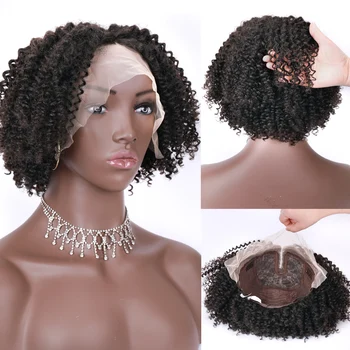 14inch scurt afro pervers cret HD peruca dantelă mijloc de despărțire 100% par uman real pentru afro-americani ondulat peruca 180% densitate