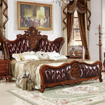 Europene pat dublu American din piele simplu sculptate villa felinar din lemn masiv pat