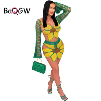 BaQGW Plaja Tricotate Crop Top Fusta Două Bucata Set Pentru Femei De Moda De Vara Sexy Mână Croșetat De Floarea-Soarelui Casual De Vacanta Costum Beachwear