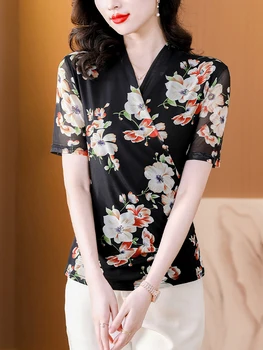 Tricou femei Haine de Vară Pentru Femei Crop Top Casual cu imprimeu Floral, Maneci Scurte T Shirt Gol Mesh T-Shirt