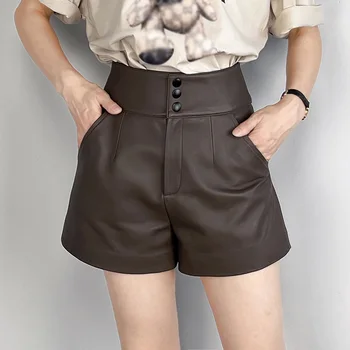 Doamna Genuine piele de Oaie Piele pantaloni Scurți de Înaltă Talie Butonul Pantaloni Femei Streetwear Mini Pantaloni TF4794
