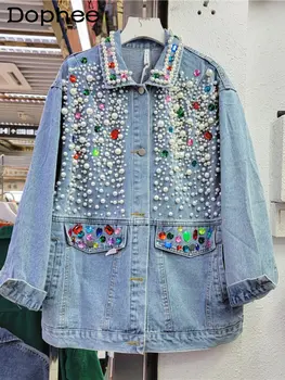High-End Industria Grea Cristale Colorate Margele Jacheta Denim Pentru Femei La Modă 2023 Nouă Primăvară Vrac Slăbire Jean Haina High Street