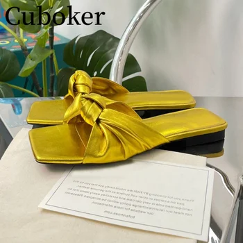 2023 Plisata de sus Papuci din Piele Femei Popular Designer de Confortabil Tocuri Scurte Catâri Flip flops în aer liber, Papuci Pantofi Femei
