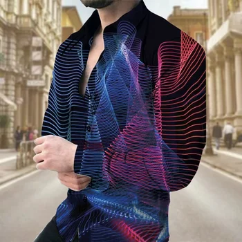 2023 Camasa Barbati Maneca Lunga 3D 3D Linie Rever Butonul de Vară pentru Bărbați Haina Mingea Ziua de Moda Cămașă Prietenul S-6XL