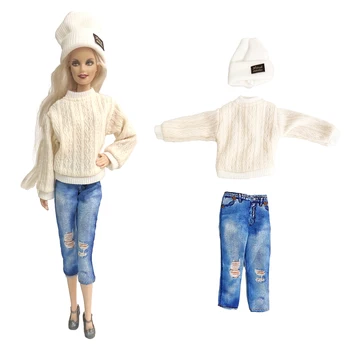NK 1 Set Păpușă la modă rochie de tricotat：pălărie albă+aluat prajit poftă de mâncare de tricotat pulover+imitație denim gaura pantaloni Pentru Papusa Barbie