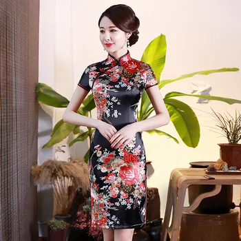 Imprimare NEGRU Flori Femeilor Scurt Slim Cheongsam Sexy Inalta Split Tradițională Chineză Rochie de Mari Dimensiuni Raionul Qipao Vestidos S-6XL