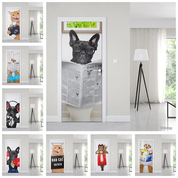 Pisici și câini baie Animale Tapet PVC autoadezive Ușa Autocolant Decor Acasă Ușa autocolante, postere postere HD arta de perete