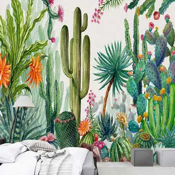 Plante tropicale Nordic cactus 3D flori de camera de zi dormitor personalizat auto-adeziv tapet mural
