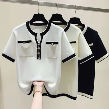 Alb Negru Tricotate Cu Mâneci Scurte De Vară Stil De Moda De Top Bluze 2023 Ieftine Haine Vintage Pentru Femei Îmbrăcăminte De Sex Feminin Harajuku