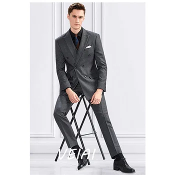Bărbați Costum De Lux 2023 Gri Inchis Model Cu Benzi Dublu Rânduri 3 Buc(Sacou+Pantaloni+Vesta) Formale De Afaceri Blazer Domnilor Slim Fit