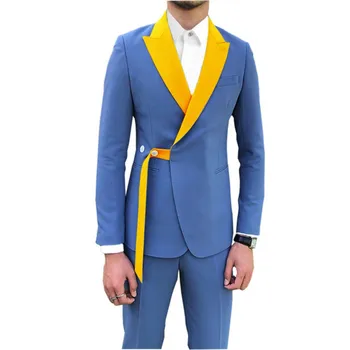 Albastru Bărbați Costume Cu Galben Vârf Rever Costum Homme Mire Costume Cavalerii De Onoare La Nunta Terno Masculino Slim 2 Piese (Sacou+Pantaloni)