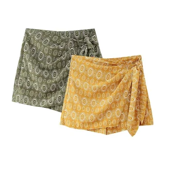 Femei Vintage Galben Geometrie Print Wrap Fusta Mini Pantaloni Scurți 2023 Primăvară Feminin Casual Înaltă Waisted Cheotoare Dreaptă Pantaloni Scurți