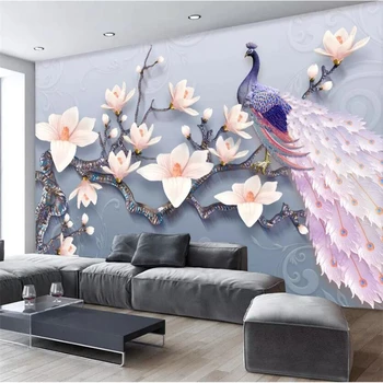 wellyu papel de parede Personalizat tapet 3d picturi murale acasă și bogat relief păun magnolia TV camera de zi tapet de fundal de