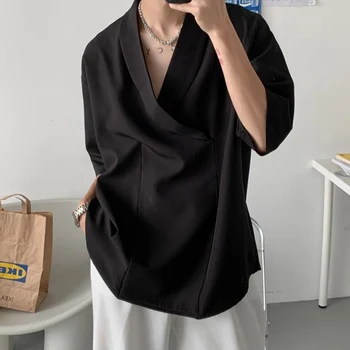Vara Negru, Alb Pulover Camasa Barbati Moda Supradimensionat Tricou Casual Barbati coreean Liber Maneca Scurta Shirt Mens Tricou Rochie XS
