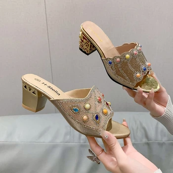 Perla Papuci de sex Feminin Vară Grosier, Culoare Toc Tot de Moda Stras Sandale de Mari Dimensiuni Femei Pantofi 43