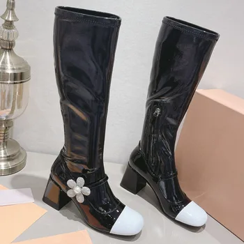 Femei Cizme Lungi Floare De Cristal Brevet De Design Din Piele Indesata Pantofi Cu Tocuri De Culori Amestecate Cizme Pentru Femei Încălțăminte