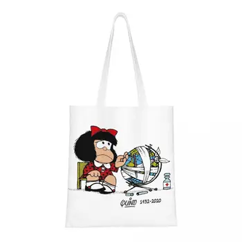 Reciclarea Quino Benzi Desenate Mafalda Geantă De Cumpărături Femei Umăr Panza Tote Sac Lavabil Desene Animate Manga Alimente Cumparator Saci