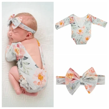 2 Buc Nou-născut Recuzită Fotografie Copil de Flori Imprimate Romper Bow Headband Tinuta G99C