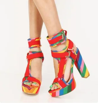 Mai Nou Culoare Mixt Femei Pătrat Sandale Cu Toc Platforma De Metal Cataramă De Curea Pantofi Rochie Roz Portocaliu Alb Gladiator Sandale Pantofi