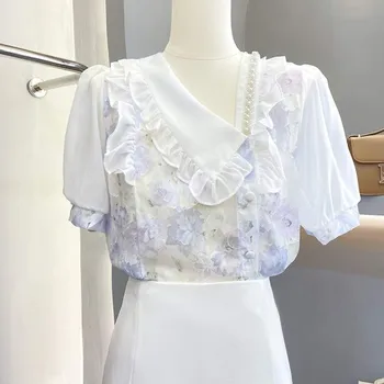 Margele Florale Șifon Cămașă Bluză Femei 2023 Vara Noi francez Unic Bubble Sleeve Shirt de Sus