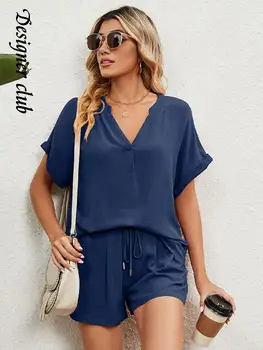 Elegant Solid Dantela Două Bucata Set Pentru Femei Vrac V-gât Scurt, cu Mâneci lungi T-shirt, pantaloni Scurți 2023 Vara Feminin Casual Homewear 