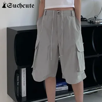 SUCHCUTE y2k Harajuku Buzunar Mozaic pantaloni Scurți de Marfă Femei coreene Talie Joasa Scurt Streetwear Solid Umflat Fundul Grunge-ul ANILOR 2000
