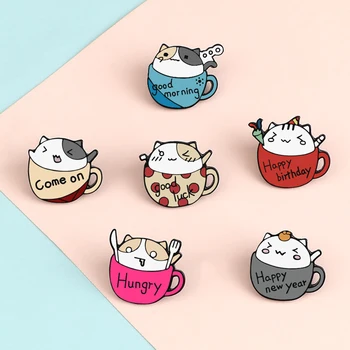 Noroc Foame Fericit Ziua de nastere Ace Ceașcă Drăguț Pisică Animal Broșe Desene animate Pisoi Insigna Email de Pin Rever Bijuterii Cadou pentru Prieteni