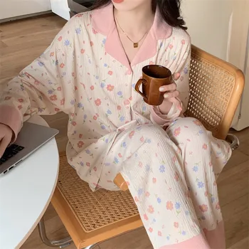 Fdfklak Noi Pijama Pour Femme Bumbac Tricou Rever Gâfâi Costum Coreeană Femei Pijamale Acasa Cu Maneca Lunga Primavara Toamna Set De Pijama
