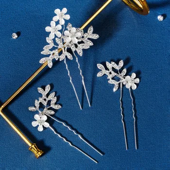 3PCS Argintiu Stras Frunze Stil Ace de Păr de Flori Femei Decor Cap Ornament Tiara Stick