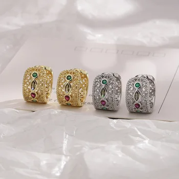Nou În Etnică Hoop Cercei cu Piatra Cristal Inel Lat Earing Doamnelor Aur Placat cu Dantelă Gol Ureche Piercing-ul de Bijuterii de Designer