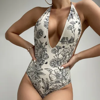 2023 Vara Noi Printed Slim Fit de Slabit-O singură Bucată de costume de Baie Deep V-neck Slim Fit Slabire Triunghi Bikini Populare