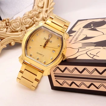 Noul cuplu ceas aur de 24K ceas ceas cu calendar cadou pentru prietenul vintage high-end incrustate cu diamante baril forma