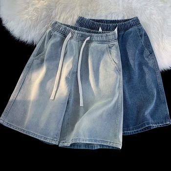 2023 Vară Nouă Epocă de Lumină Albastru Bărbați Elastic Talie pantaloni Scurți din Denim coreeană de Moda Casual, Cordon Drept Blugi Scurte de sex Masculin