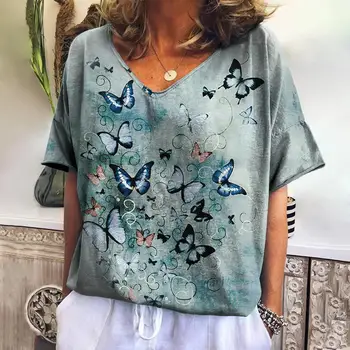 Femei de moda T-shirt 3d Butterfly Print V-neck Îmbrăcăminte de sex Feminin Maneca Scurta Vara Y2k Streetwear Casual Ladies T Shirt