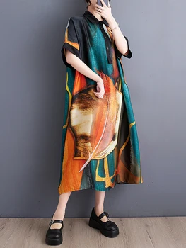 2023 Vara Chineză Stil Vintage Print Femeie Rochie Vestidos Halat Femme Elbise Vrac Plus Dimensiune Scurt Maneca Maxi Rochii Lungi