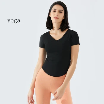 Yoga Maneca Scurta pentru Femei V-Neck Slim Fit Running Sport T-shirt de Înaltă Elastic Dublu față de Bumbac de Fitness de Top