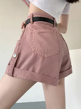 Vara 2023 Roz pantaloni Scurți din Denim pentru Femei Nou de Talie Mare Show Subțire Liber Largi Picior Laminate-linie Fierbinte Pantaloni