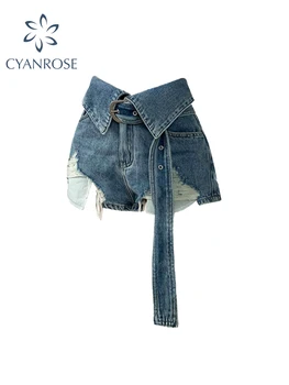 Moda Sexy Talie Mare Doamnelor Rupt pantaloni Scurti din Denim 2023 Vara Femei Streetwear pantaloni Scurți de Blugi Cu Curea Y2k Casual Stil coreean