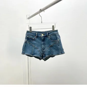 23 de Vara Noi Bold de Culoare de Contrast Hip Panoul de Spălat Vechi Talie Mare Strans Mini pantaloni Scurți din Denim pentru Femei