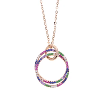 Noua Culoare Rose Gold Plutitoare Circle Pandantiv Colier Micro Pave Curcubeu Colorat CZ Lanț Cravată bijuterii Pentru Femei Bijuterii