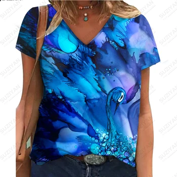 RetroWomen T-shirt Textura 3D de Imprimare V-Neck Bumbac foarte Mare Maneci Scurte Largi casual Street Purta Haine de Femei de Flori