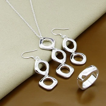 Noua Modă Seturi De Bijuterii Argint 925 Simplu Pătrat Colier Cercei Set Inele Pentru Femei Cadouri Pentru Bărbați