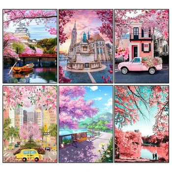 Peisaj de Diamant Pictura cruciulițe Sakura Diamant Broderie 5D Roz Mozaic Cadou Personalizat Acasă Decorare