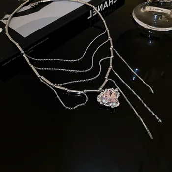 Estetica romantică Inima Roz Cravată Colier pentru Femei Grunge Y2k Rece Clavicula Lanț coreea Moda Bijuterii Kpop Accesorii