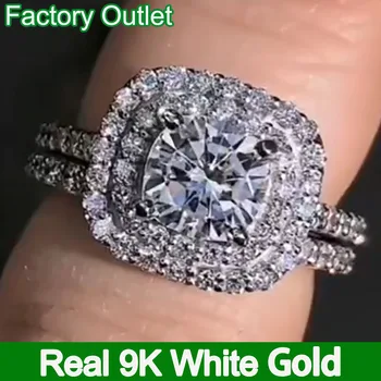 Real 9K Aur Alb Seturi de Mireasa Inel Femei Logodnă, Aniversare de Nunta Trupa Inel Șirag de mărgele Set Perna Moissanite Diamant