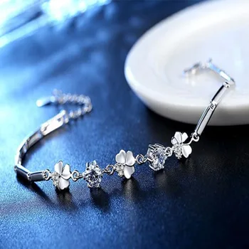Superba Argint 925 Placat Cu Trifoi Norocos Bratari Cristale Lanț Pentru Femei Îndrăgostiților Cadou De Nunta Bijuterii Drăguț