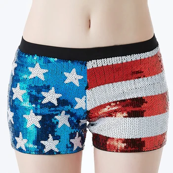 Sexy Club spectacol de Dans American US Flag cu Paiete, pantaloni Scurți Stele și Dungi Talie Elastic Elastic Mini Femei pantaloni Scurți de Vară
